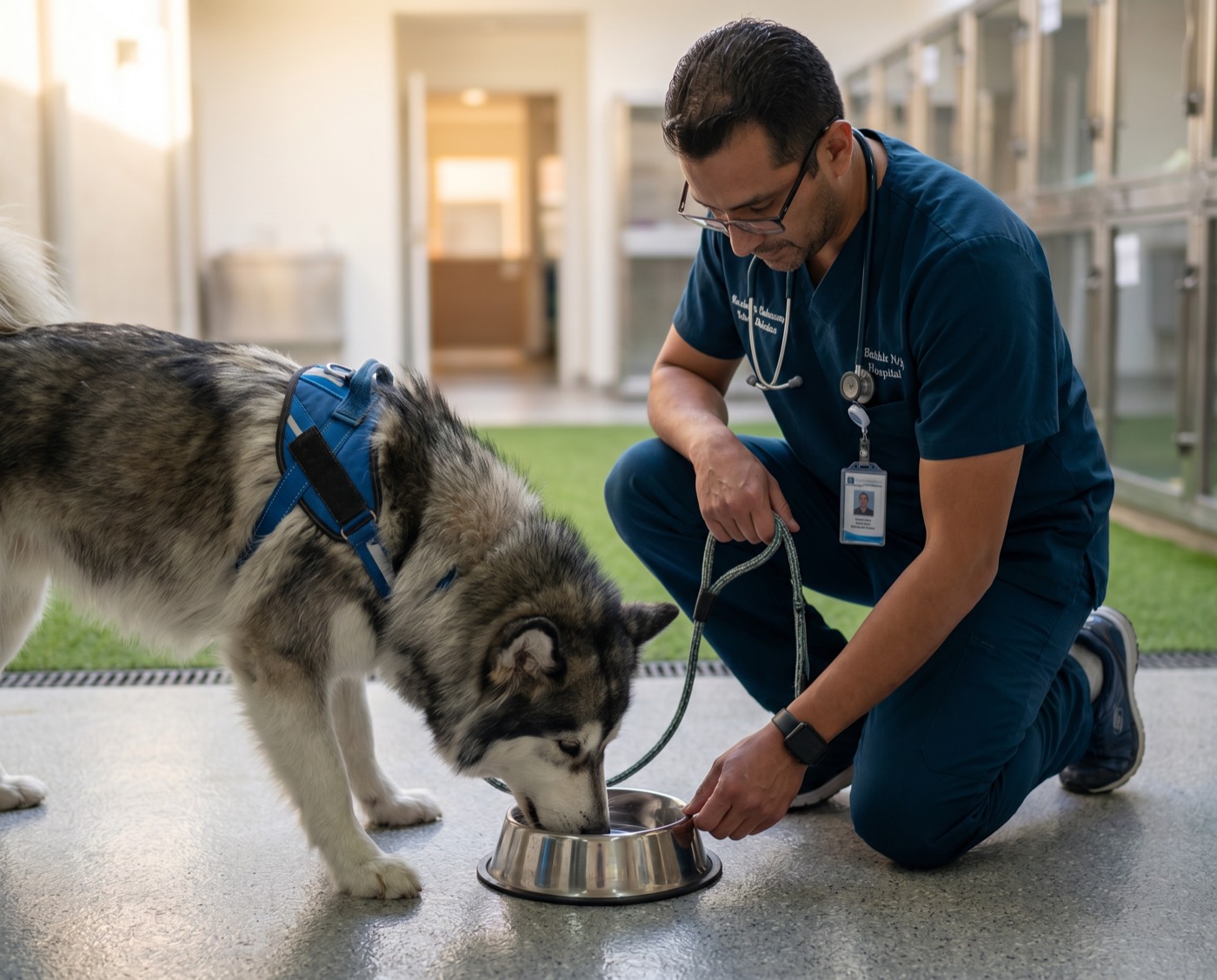 Veterinaria de ExpressVet alimentando a un husky desde un tazón