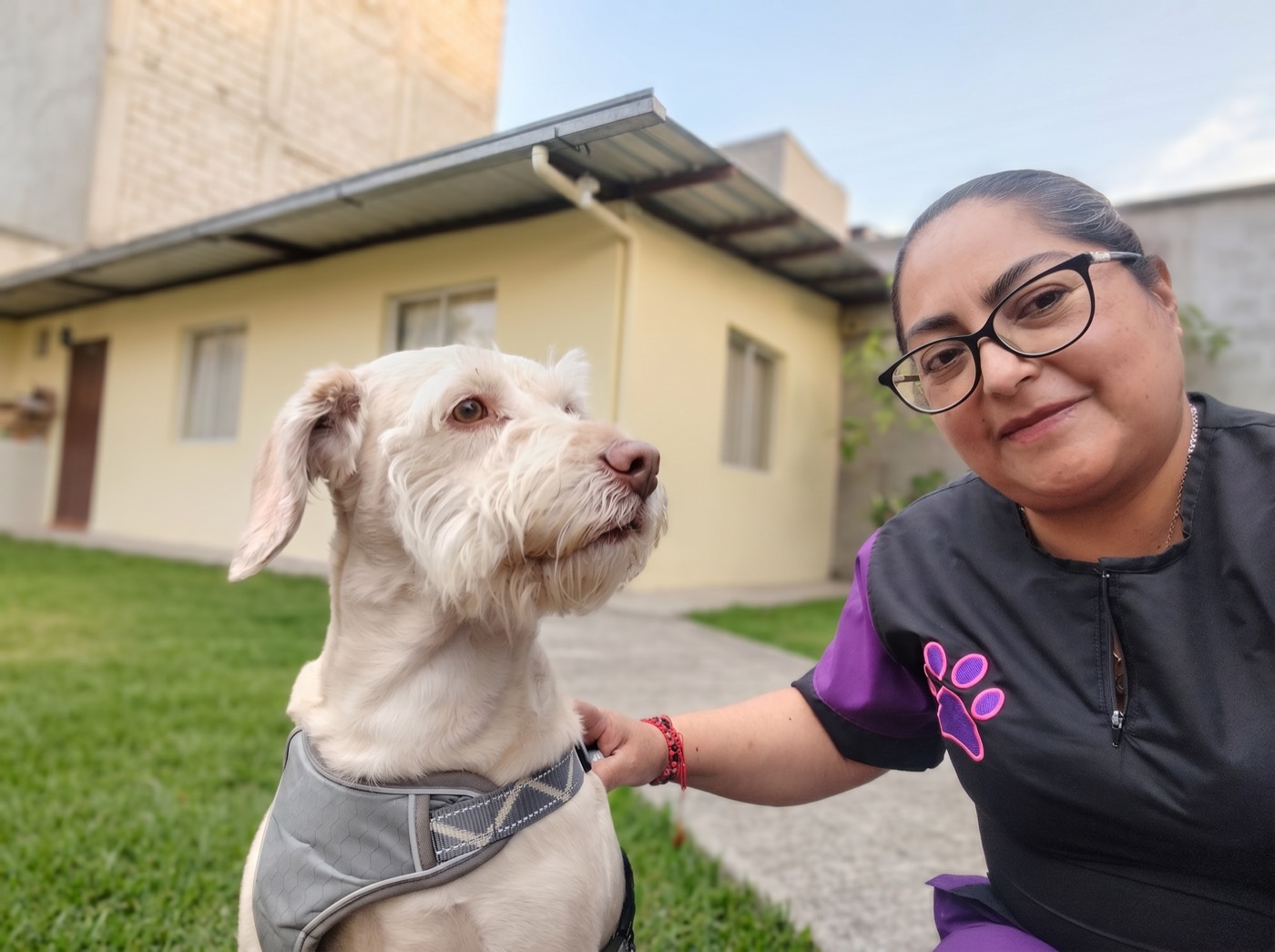 Veterinaria de ExpressVet agachada junto a un perro blanco al aire libre