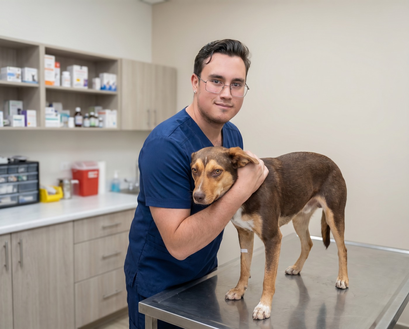 Veterinario de ExpressVet sosteniendo con cariño a un perro en la mesa de exploración
